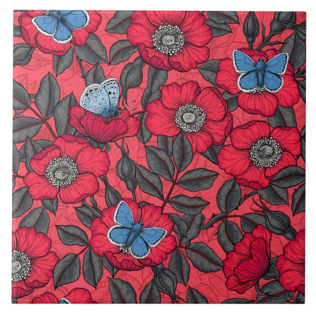 Dog rose and butterflies in red and blue ceramic tile (Front)