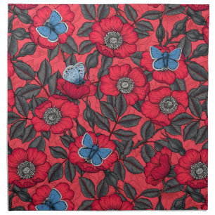 Dog rose and butterflies in red and blue cloth napkin