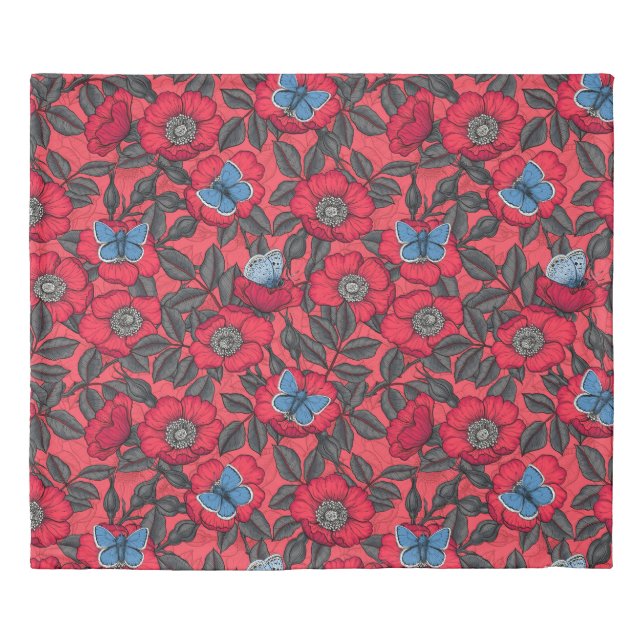 Dog rose and butterflies in red and blue duvet cover (Front)