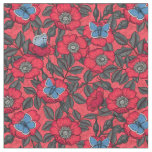Dog rose and butterflies in red and blue fabric