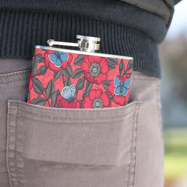 Dog rose and butterflies in red and blue flask (In Situ)