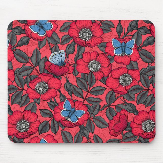Dog rose and butterflies in red and blue mouse pad (Front)