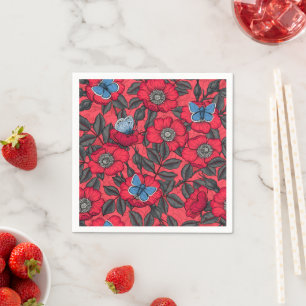 Dog rose and butterflies in red and blue napkins
