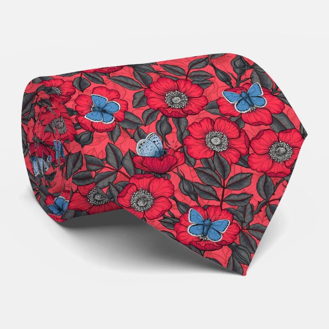 Dog rose and butterflies in red and blue neck tie (Rolled)
