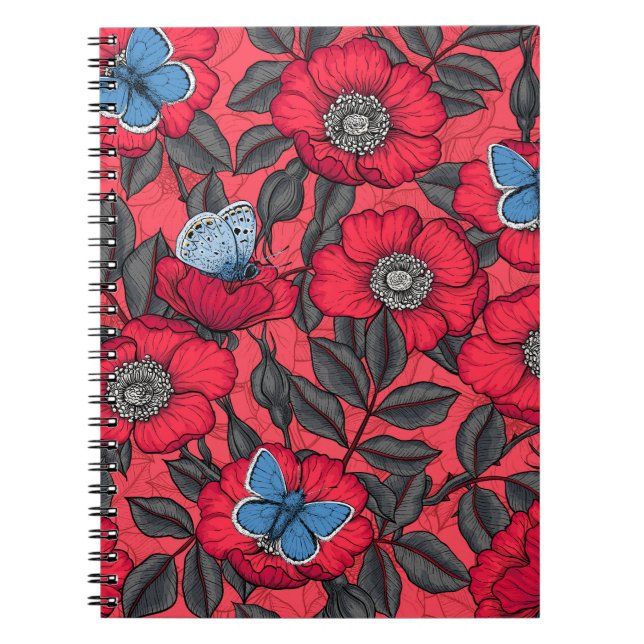 Dog rose and butterflies in red and blue notebook (Front)