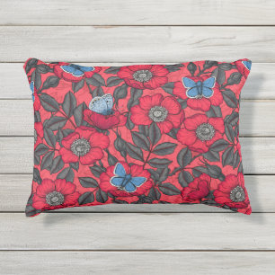 Dog rose and butterflies in red and blue outdoor pillow