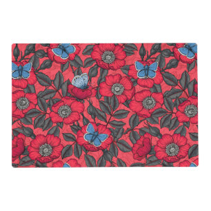 Dog rose and butterflies in red and blue placemat