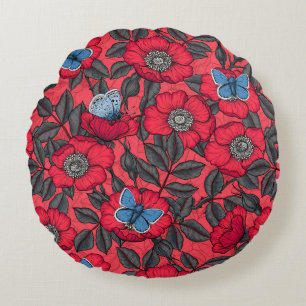 Dog rose and butterflies in red and blue round pillow