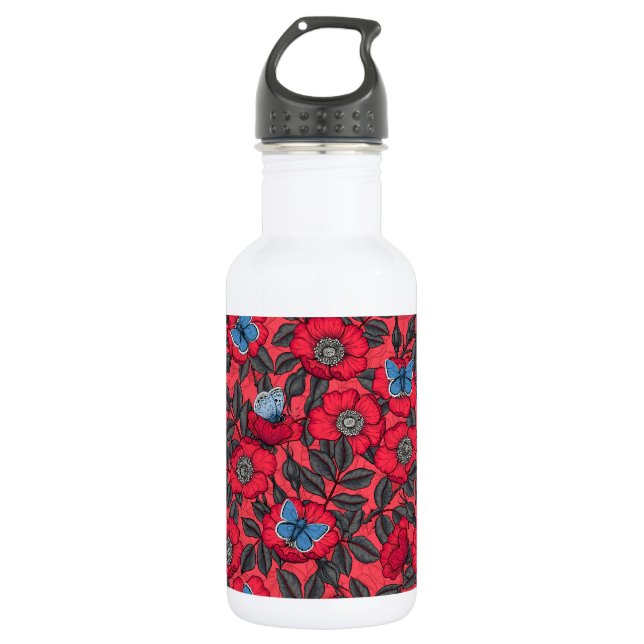 Dog rose and butterflies in red and blue stainless steel water bottle (Front)