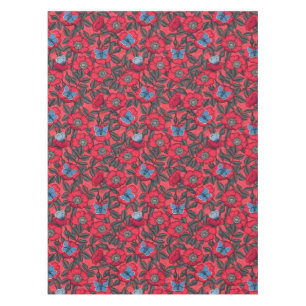 Dog rose and butterflies in red and blue tablecloth