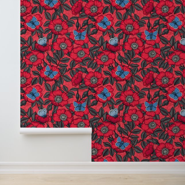 Dog rose and butterflies in red and blue wallpaper  (Application)