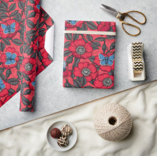 Dog rose and butterflies in red and blue wrapping paper