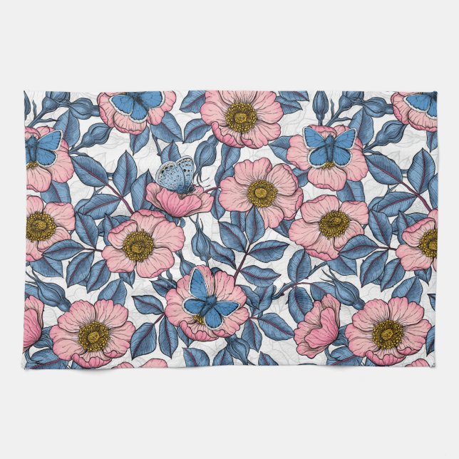 Dog rose and butterflies kitchen towel (Horizontal)