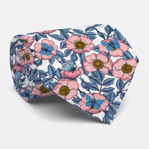 Dog rose and butterflies neck tie