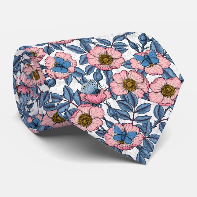 Dog rose and butterflies neck tie (Rolled)