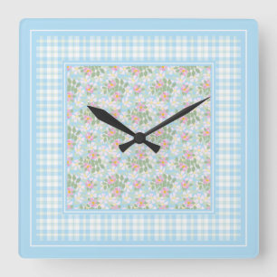 Dog Rose Flowers and Blue Checks Square Wall Clock