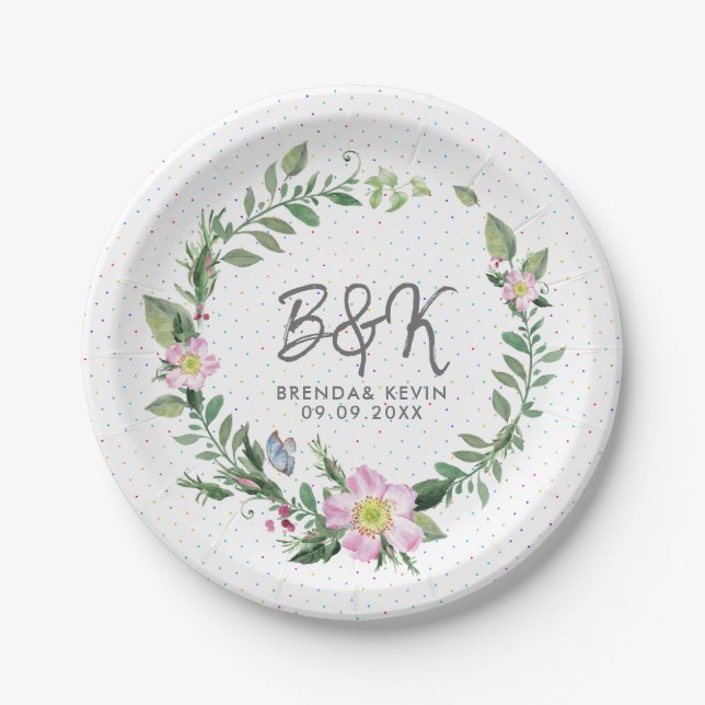Dog rose Pink & Green Floral Wreath Paper Plates (Front)