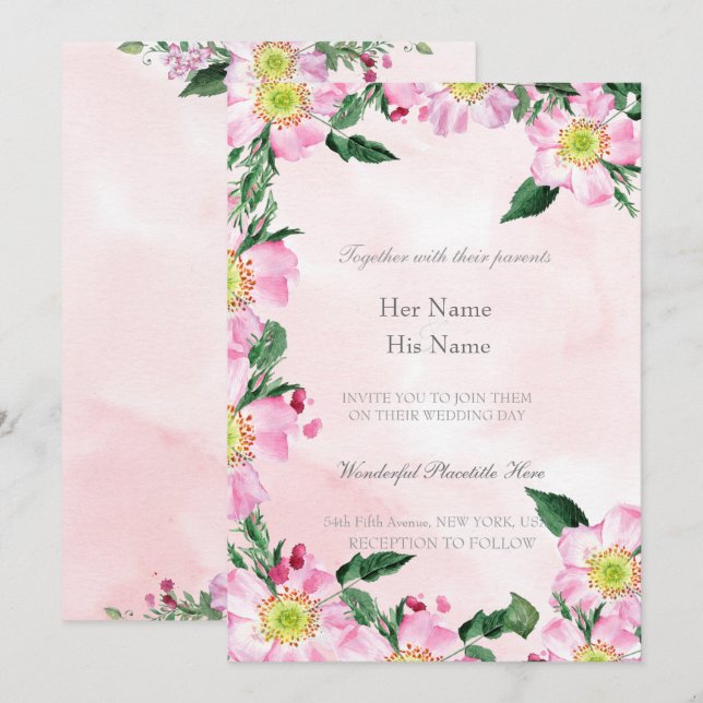 Dog Roses on pink background Wedding Invitation (Front/Back)