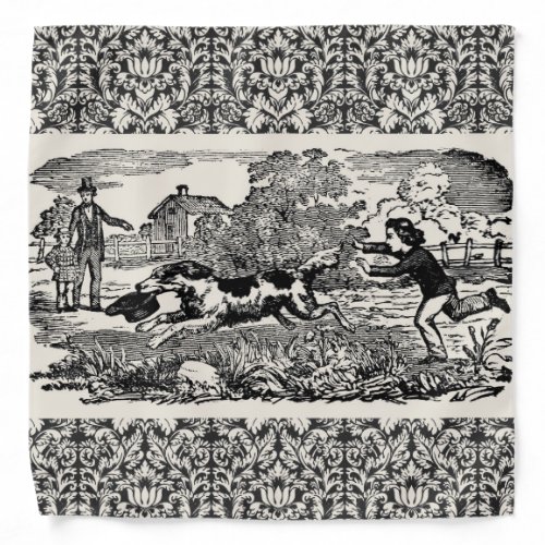 Dog running antique pet art victorian illustration bandana