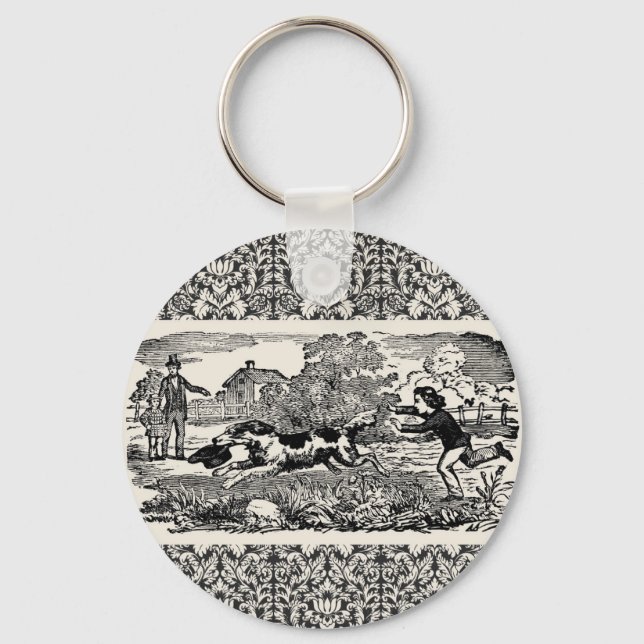 Dog running antique pet art victorian illustration keychain (Front)