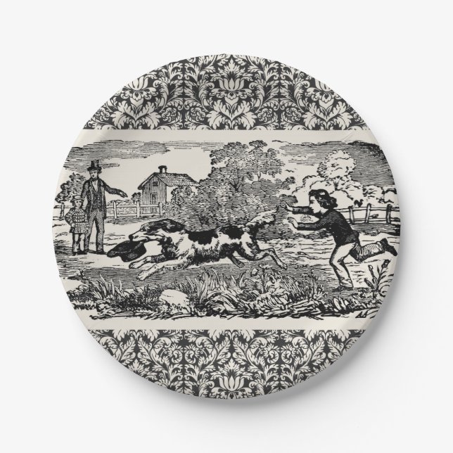 Dog running antique pet art victorian illustration paper plates (Front)