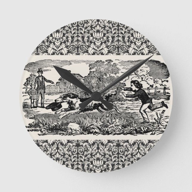 Dog running antique pet art victorian illustration round clock (Front)