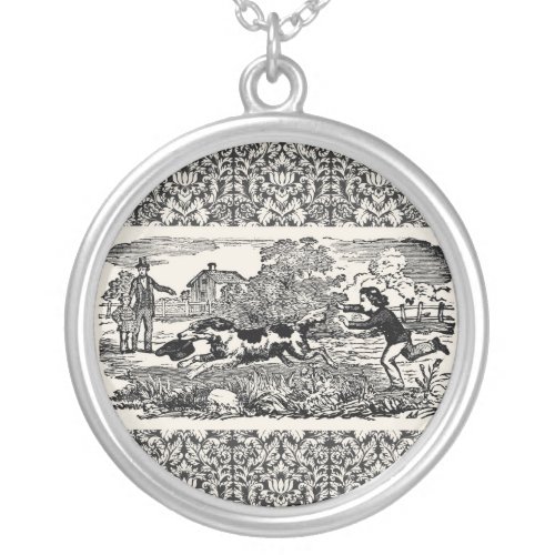 Dog running antique pet art victorian illustration silver plated necklace