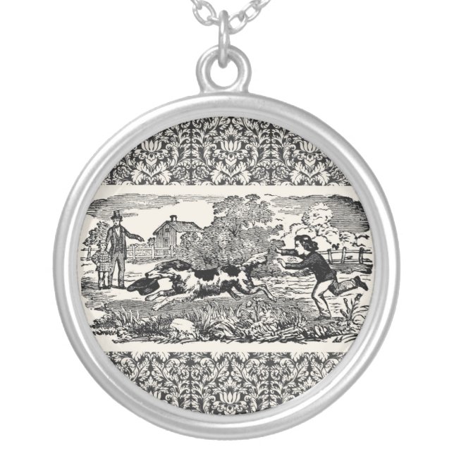 Dog running antique pet art victorian illustration silver plated necklace (Front)