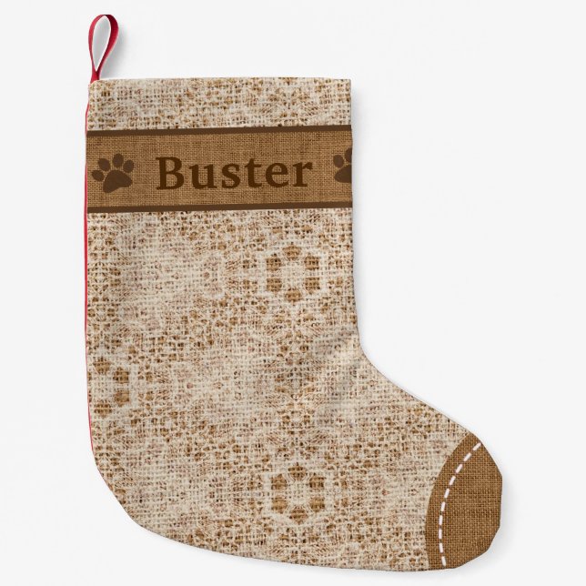 Dog Rustic Burlap & Lace Snowflake Personalized Small Christmas Stocking (Front)