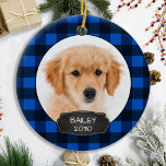 Dog Rustic Christmas Blue Plaid Puppy Pet Photo Ce Ceramic Ornament<br><div class="desc">Decorate your tree or send a special gift with this super cute personalized custom pet photo holiday ornament. Add your dog's photos and personalize with name and year. Ornament is double sided, you can do different photos each side. COPYRIGHT © 2020 Judy Burrows, Black Dog Art - All Rights Reserved....</div>