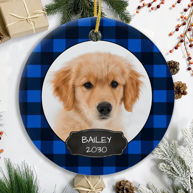 Dog Rustic Christmas Blue Plaid Puppy Pet Photo Ce Ceramic Ornament (Creator Uploaded)
