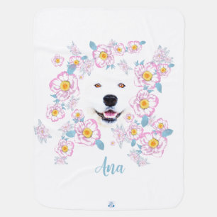 Dog Samoyed and pink flowers Baby Blanket