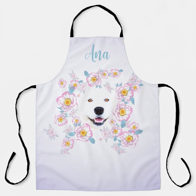 Dog Samoyed and pink flowers, customized name Apron (Front)