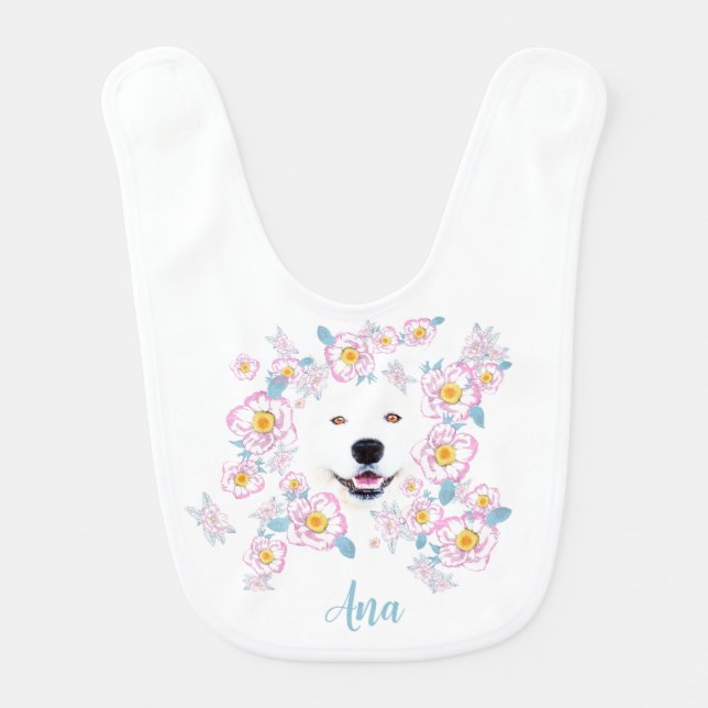 Dog Samoyed and pink flowers, customized name Baby Bib (Front)