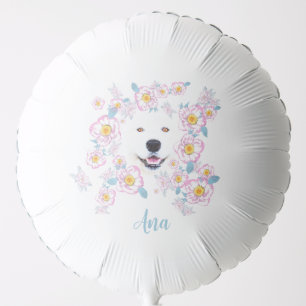 Dog Samoyed and pink flowers, customized name Balloon