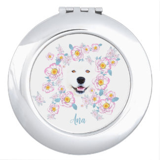 Dog Samoyed and pink flowers, customized name Compact Mirror