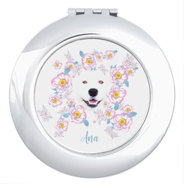 Dog Samoyed and pink flowers, customized name Compact Mirror (Front)