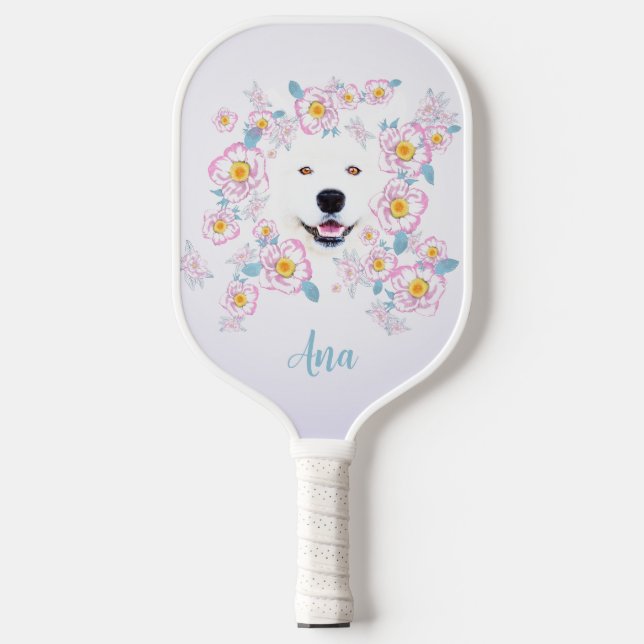 Dog Samoyed and pink flowers, customized name Pickleball Paddle (Front)