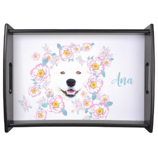 Dog Samoyed and pink flowers, customized name Serving Tray