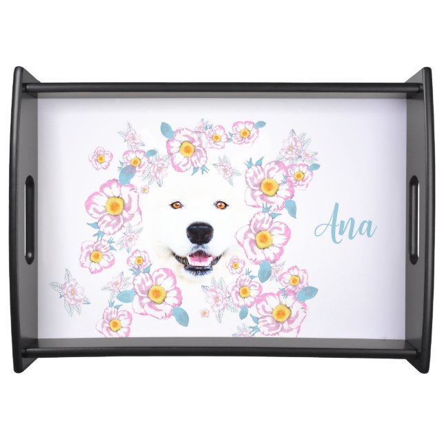 Dog Samoyed and pink flowers, customized name Serving Tray (Front)