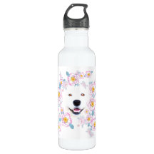 Dog Samoyed and pink flowers, customized name