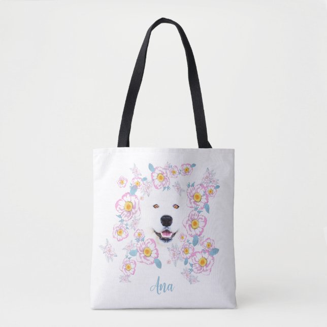 Dog Samoyed and pink flowers, customized name Tote Bag (Front)