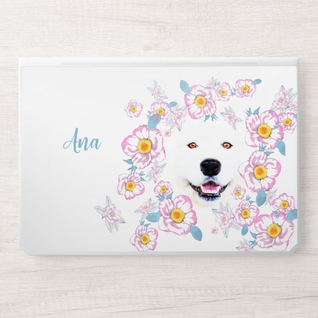 Dog Samoyed and pink flowers  HP Laptop Skin (Front)