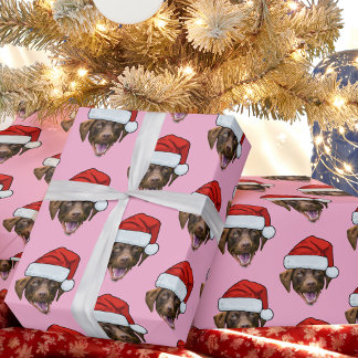 Dog Santa Hat | Custom Face Photo Pink Christmas Wrapping Paper