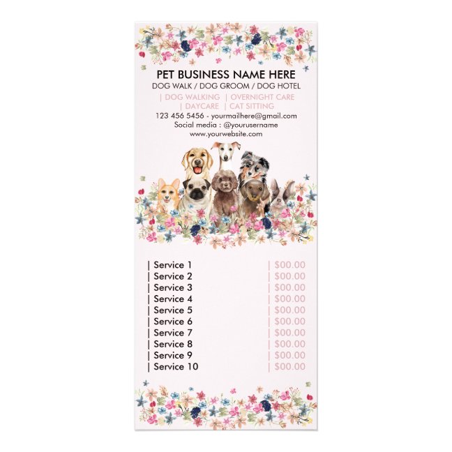 Dog services pet sitter groomer price list rack card