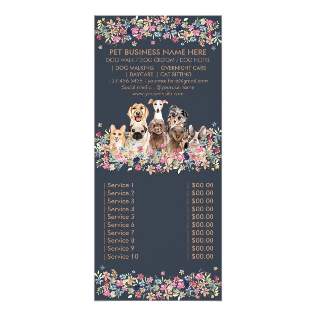 Dog services pet sitter Price list Rack Card (Front)
