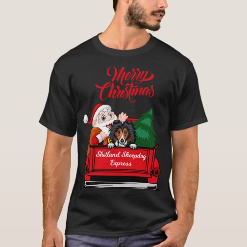 Dog Shetland Sheepdog With Santa Claus In Red Truc T_Shirt