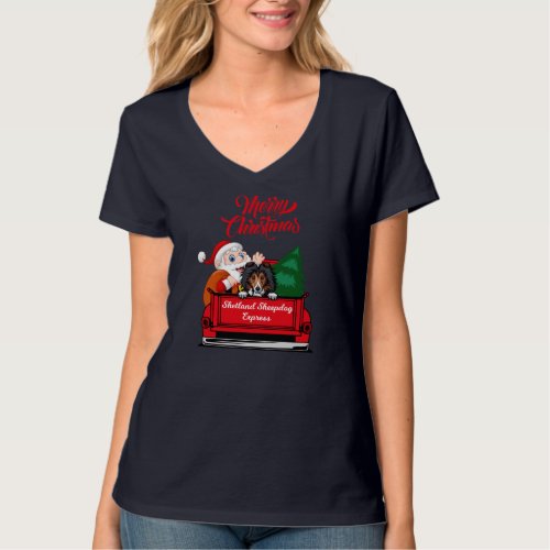 Dog Shetland Sheepdog With Santa Claus In Red Truc T_Shirt