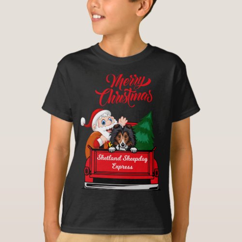 Dog Shetland Sheepdog With Santa Claus In Red Truc T_Shirt