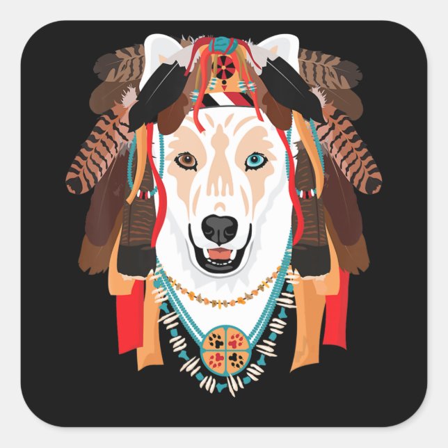 Dog | Siberian Husky Wolf Dog Shaman Square Sticker (Front)